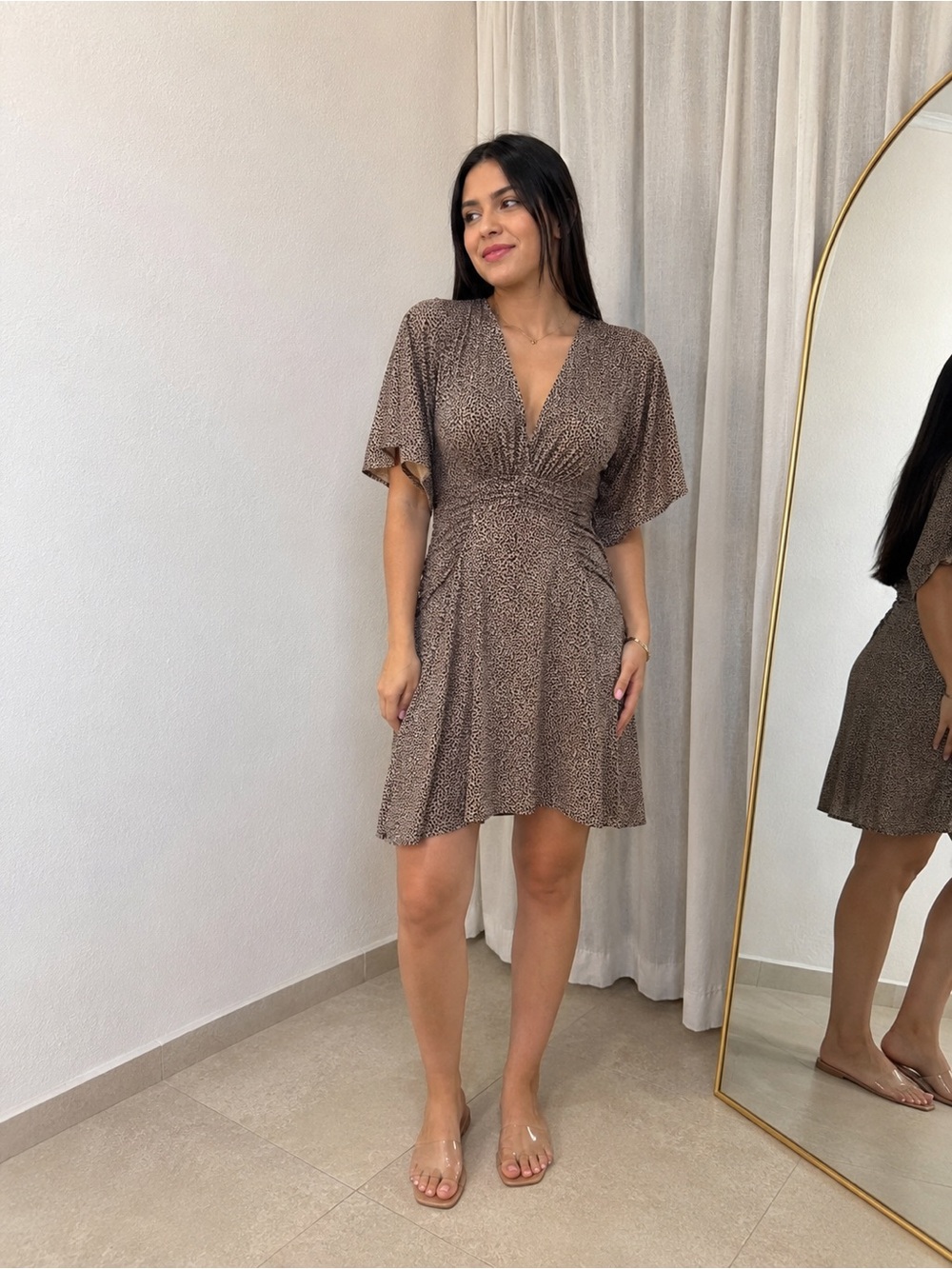 MittiShop Brown Animal Print Ruched Mini Dress Size S